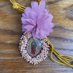 Mother Mary medallions handmade Gold/Pink ribbon door hanger Catholic ornament